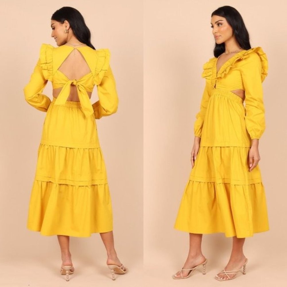 NEW Petal & Pup Mariga Long Sleeve Frill Shoulder Midi Dress in Marigold Size M - Picture 3 of 12